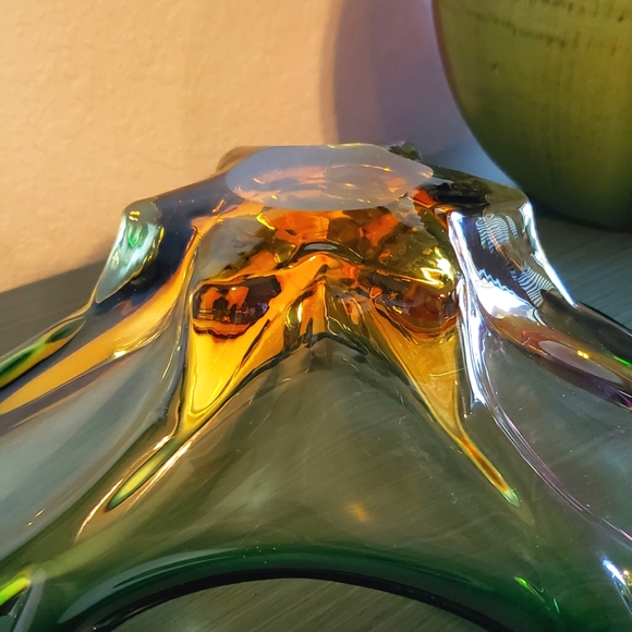 Vintage Handblown Green & Amber Art Glass Mid-Century Modern Art Deco Boho Bowl - Picture 11 of 13